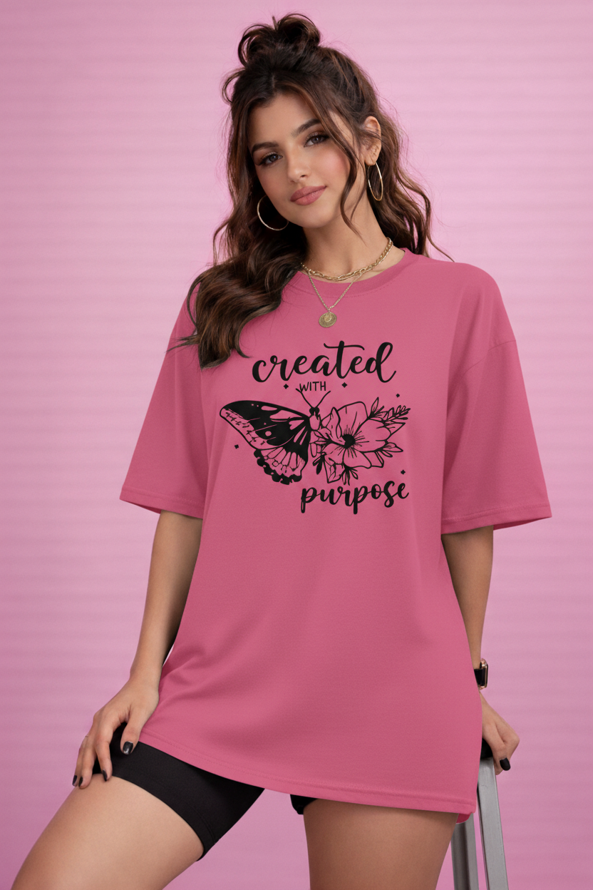 BEFALTU “Created With Purpose” Butterfly Graphic Oversized PINK T-Shirt for Women