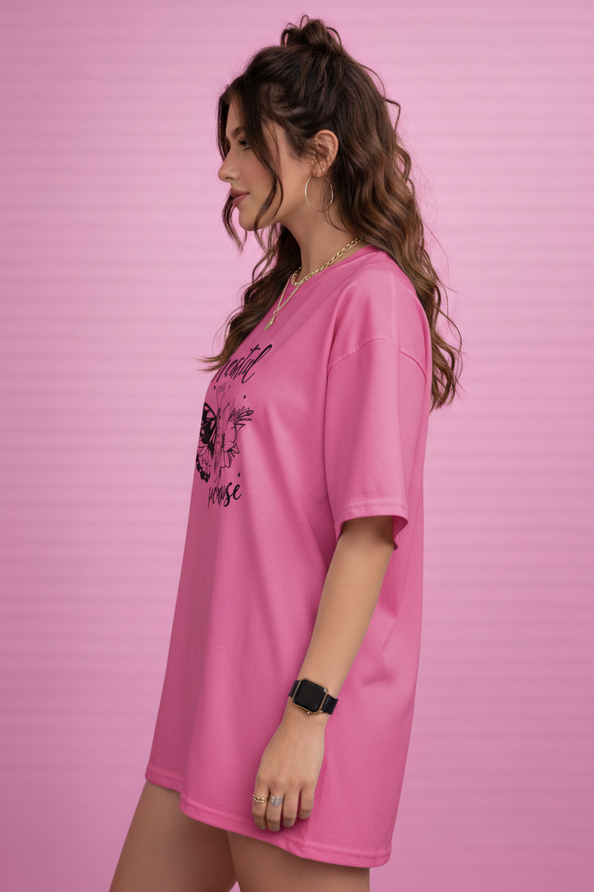 BEFALTU “Created With Purpose” Butterfly Graphic Oversized PINK T-Shirt for Women