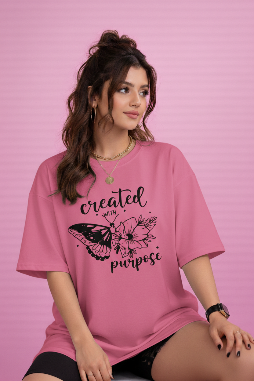 BEFALTU “Created With Purpose” Butterfly Graphic Oversized PINK T-Shirt for Women