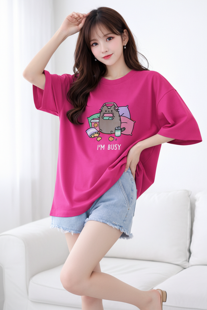 BEFALTU “I’m Busy” Cute Cat Oversized PINK T-Shirt for Women