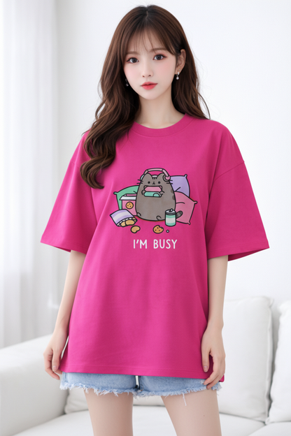 BEFALTU “I’m Busy” Cute Cat Oversized PINK T-Shirt for Women