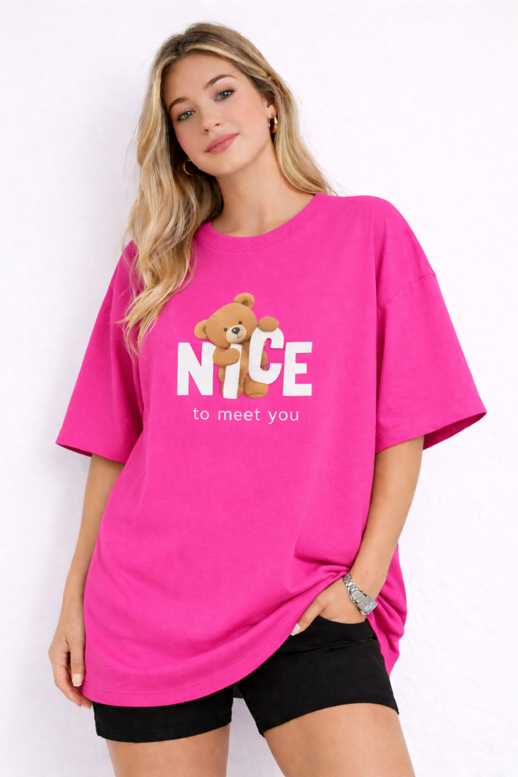 BEFALTU “Nice to Meet You” Teddy Oversized PINK T-Shirt for Women