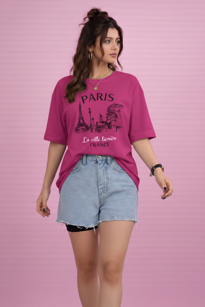 BEFALTU “Paris Cityscape” Oversized PINK T-Shirt for Women
