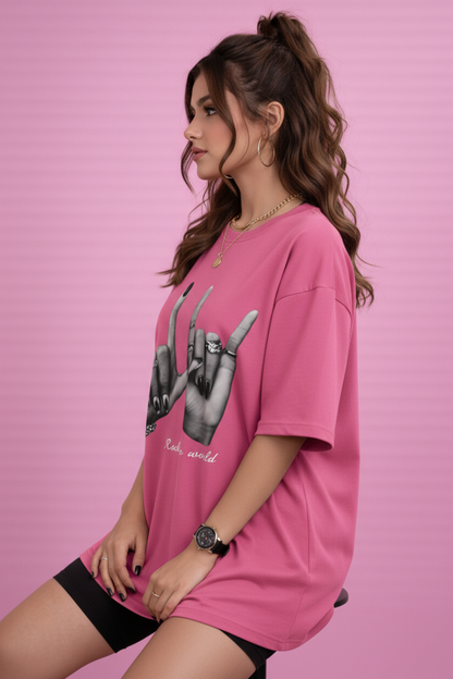 BEFALTU “Rock the World” Oversized pink T-Shirt for Women