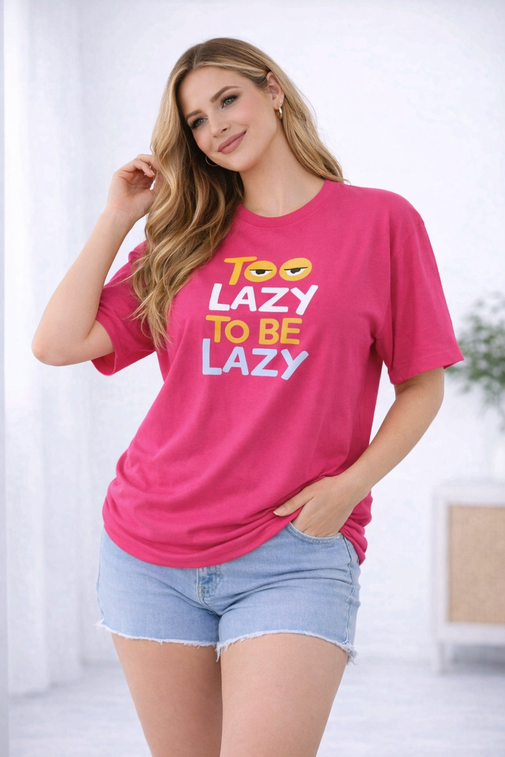 BEFALTU “Too Lazy to Be Lazy” Funny Graphic Oversized pink T-Shirt for Women