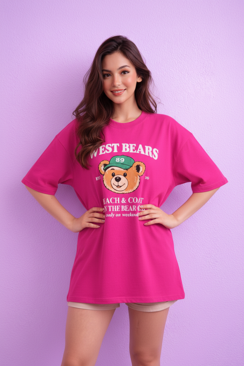 BEFALTU “West Bears Club” Oversized PINK T-Shirt for Women