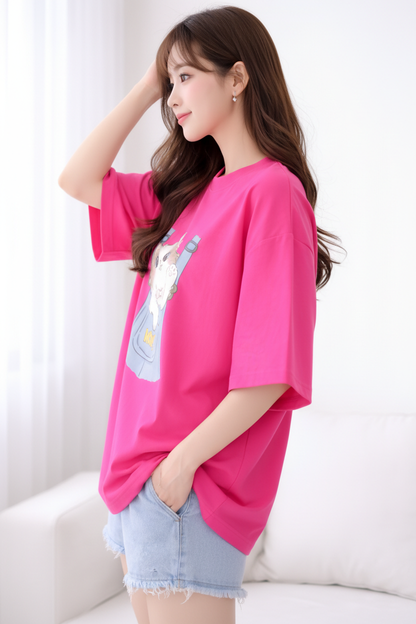BEFALTU “WOW Cat Pocket” Oversized PINK T-Shirt for Women