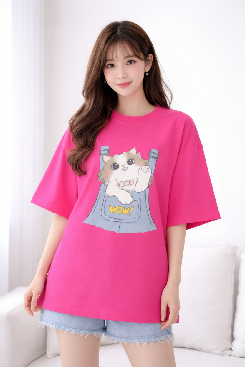 BEFALTU “WOW Cat Pocket” Oversized PINK T-Shirt for Women