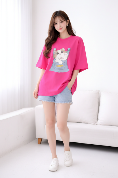 BEFALTU “WOW Cat Pocket” Oversized PINK T-Shirt for Women