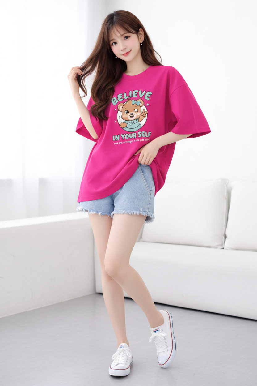 BEFALTU Women Oversized PINK T-Shirt – “Believe in Yourself” Cute Teddy Graphic Print