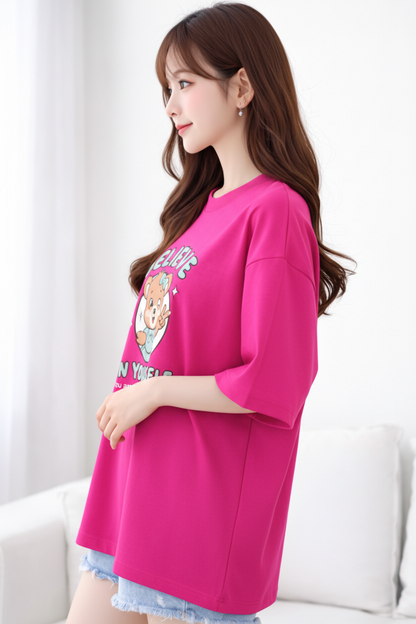 BEFALTU Women Oversized PINK T-Shirt – “Believe in Yourself” Cute Teddy Graphic Print