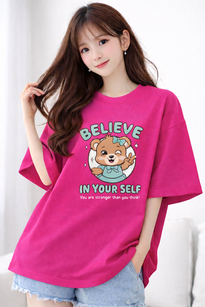 BEFALTU Women Oversized PINK T-Shirt – “Believe in Yourself” Cute Teddy Graphic Print