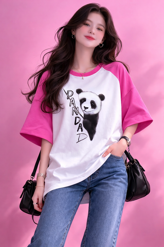 BEFALTU “Panda” Cute Minimal Graphic Raglan Oversized T-Shirt for Women