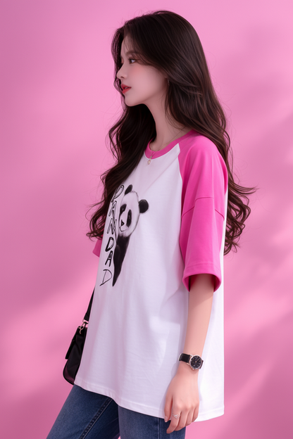 BEFALTU “Panda” Cute Minimal Graphic Raglan Oversized T-Shirt for Women