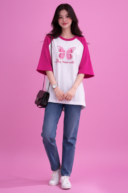 BEFALTU “Be Yourself” Pink Butterfly Aesthetic Raglan Oversized T-Shirt for Women