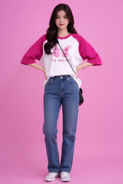 BEFALTU “Be Yourself” Pink Butterfly Aesthetic Raglan Oversized T-Shirt for Women