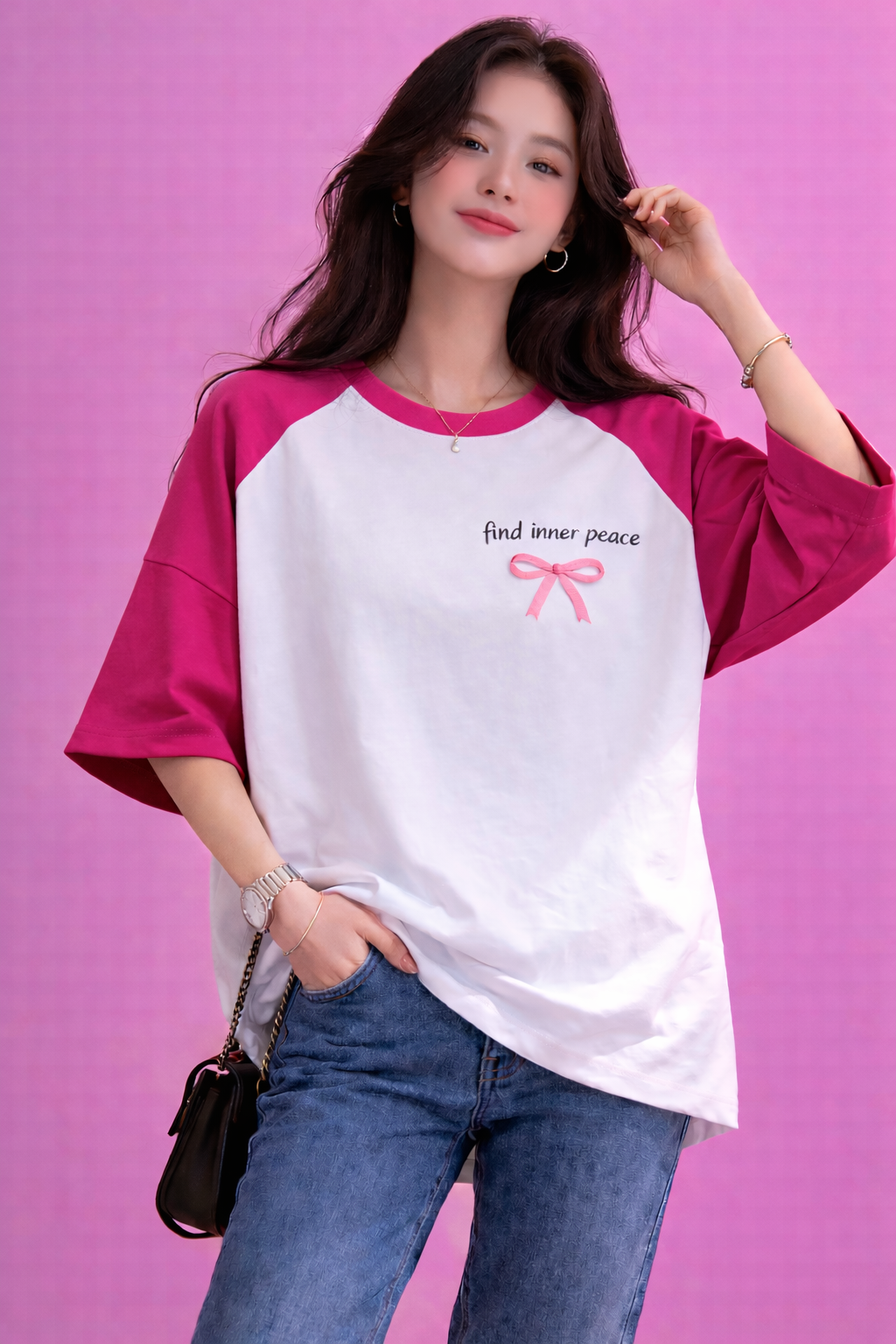 BEFALTU “Find Inner Peace” Aesthetic Bow Raglan Oversized T-Shirt for Women