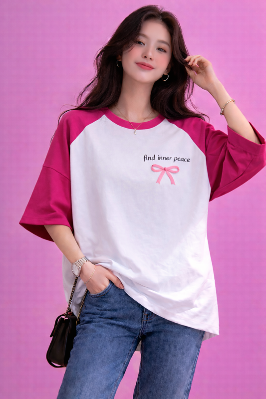BEFALTU “Find Inner Peace” Aesthetic Bow Raglan Oversized T-Shirt for Women