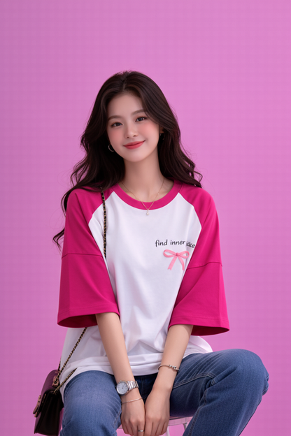 BEFALTU “Find Inner Peace” Aesthetic Bow Raglan Oversized T-Shirt for Women