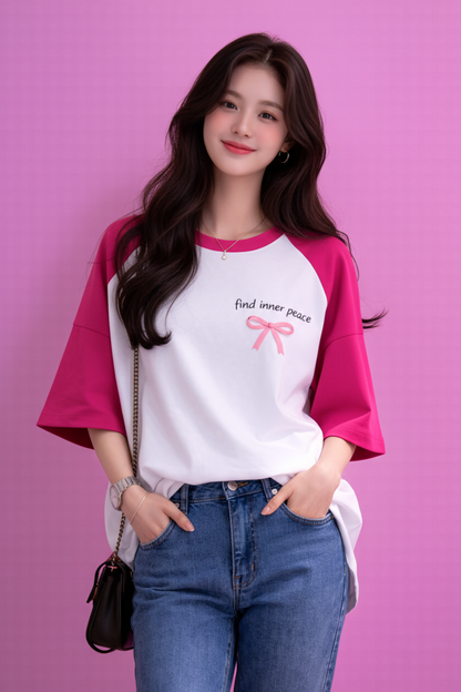 BEFALTU “Find Inner Peace” Aesthetic Bow Raglan Oversized T-Shirt for Women