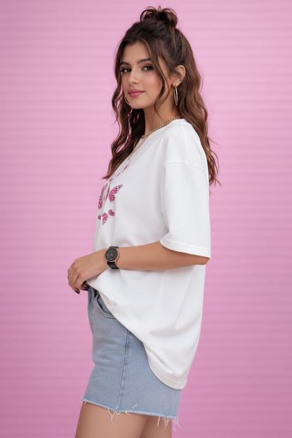BEFALTU Pink Butterfly Aesthetic Oversized white T-Shirt for Women
