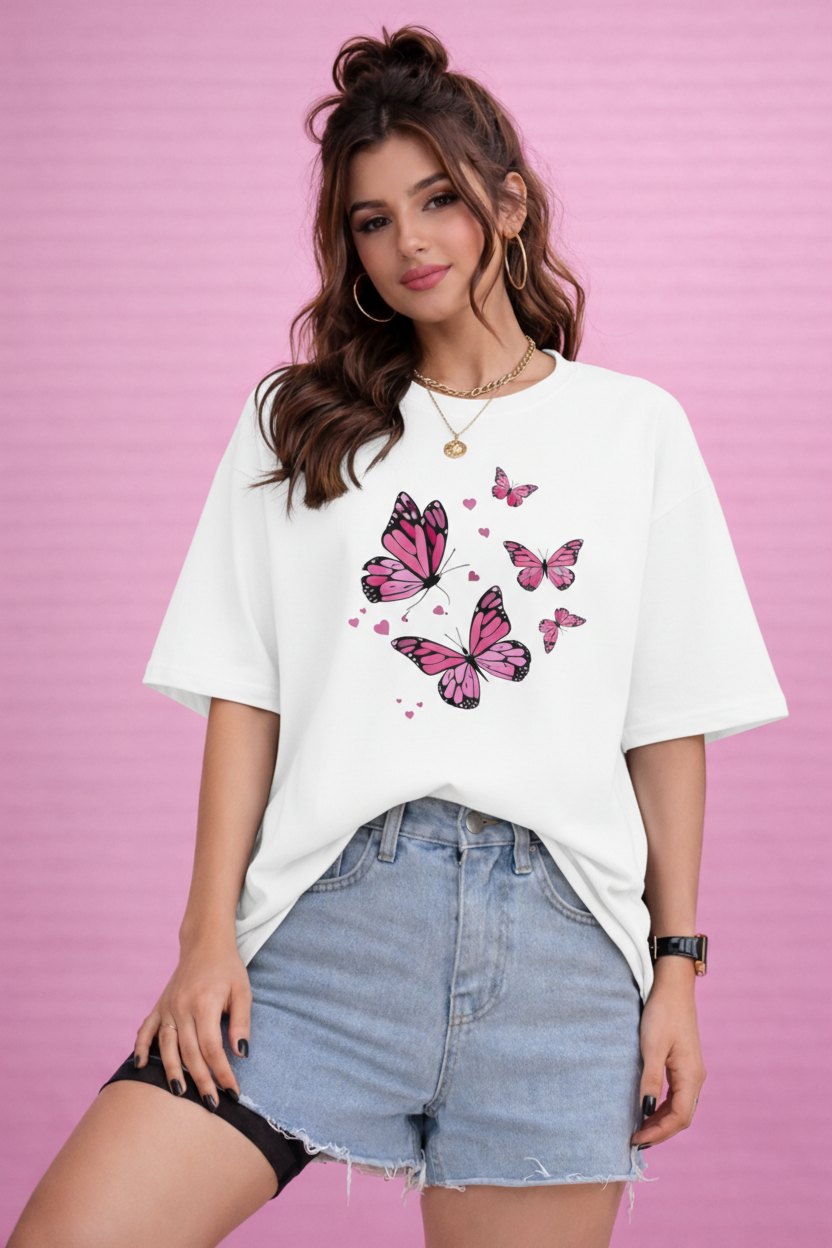 BEFALTU Pink Butterfly Aesthetic Oversized white T-Shirt for Women