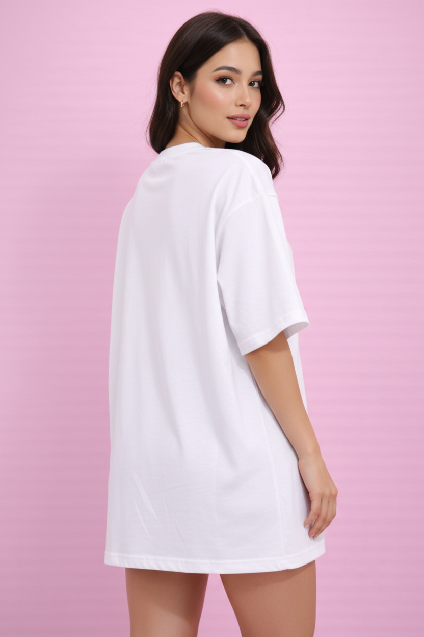 BEFALTU “Bruce Meow” Cute Cat Stack Graphic Oversized white T-Shirt for Women