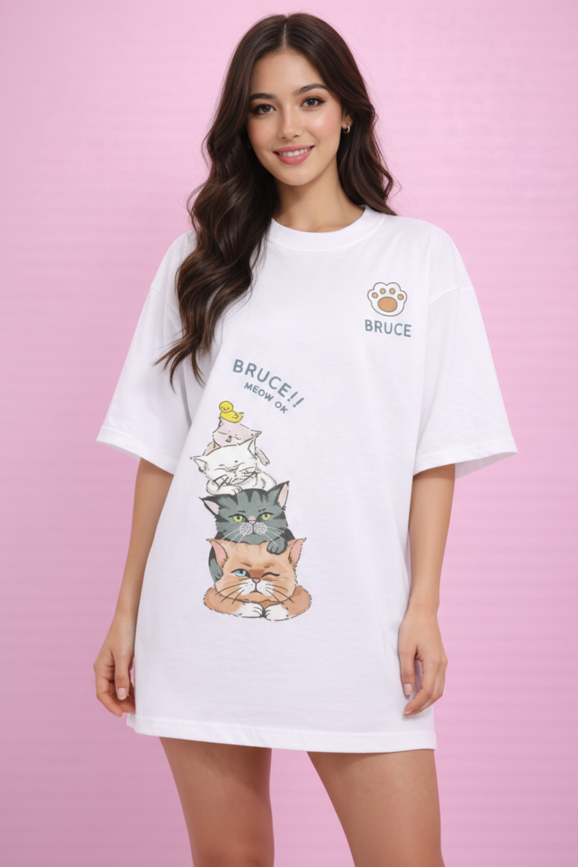 BEFALTU “Bruce Meow” Cute Cat Stack Graphic Oversized white T-Shirt for Women