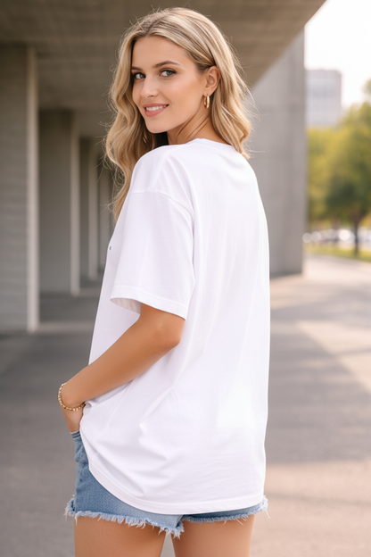 BEFALTU “Stay Cosmic” Cute Space Cat Graphic Oversized WHITE T-Shirt for Women