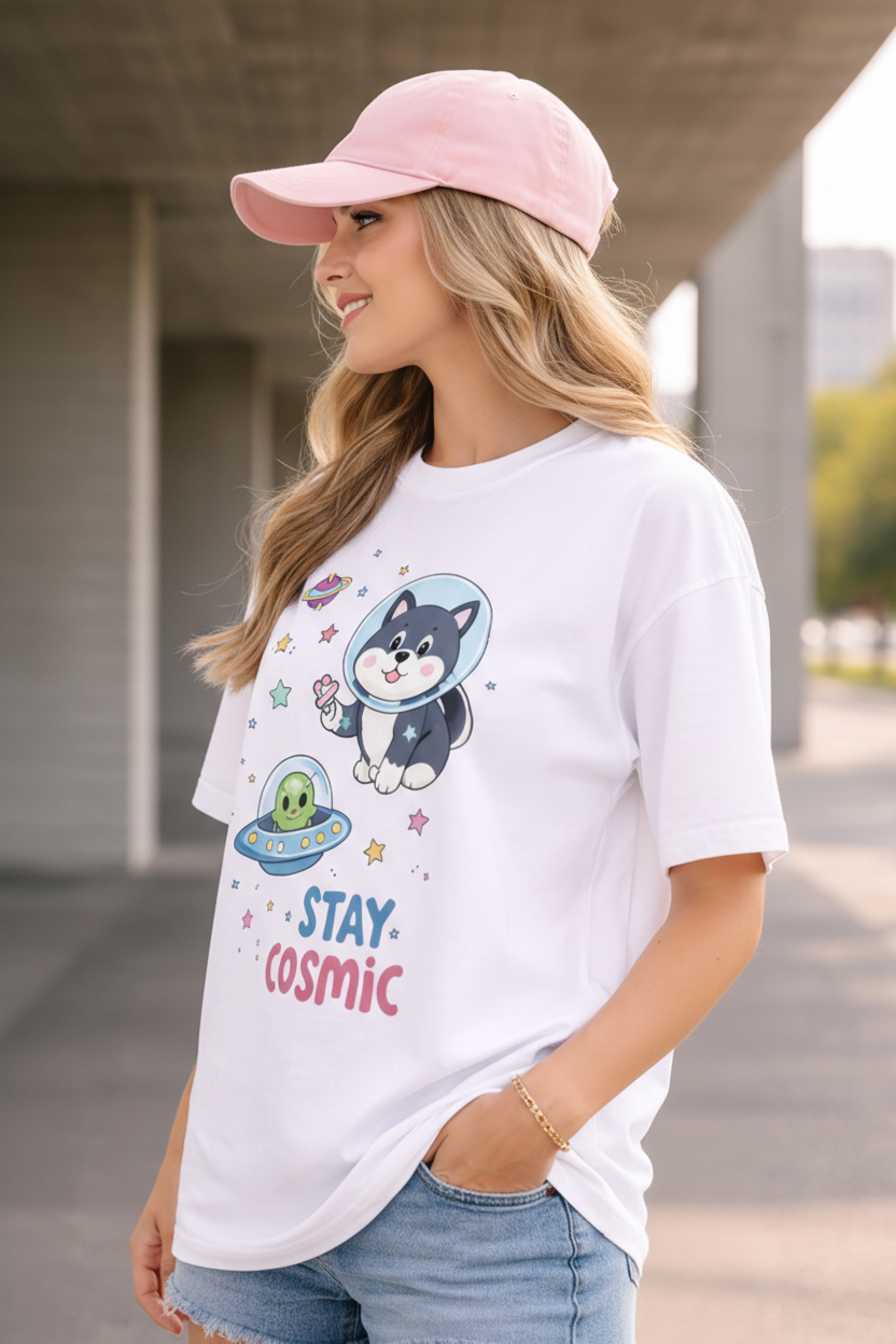 BEFALTU “Stay Cosmic” Cute Space Cat Graphic Oversized WHITE T-Shirt for Women