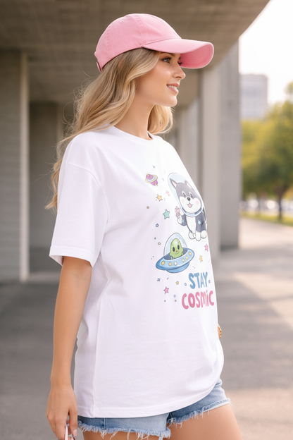BEFALTU “Stay Cosmic” Cute Space Cat Graphic Oversized WHITE T-Shirt for Women