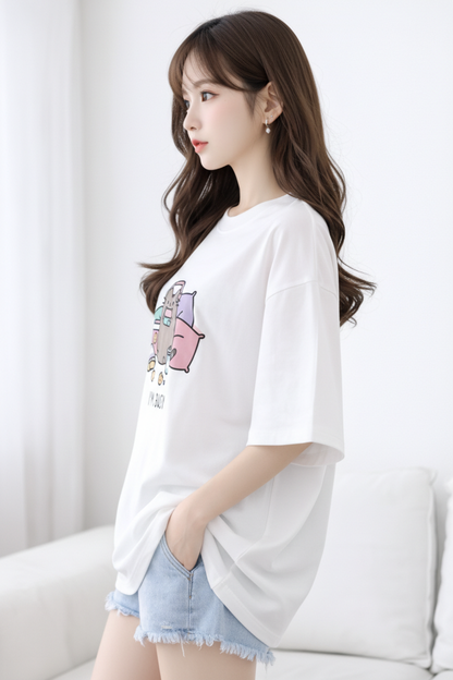 BEFALTU “I’m Busy” Cute Cat Oversized WHITE T-Shirt for Women
