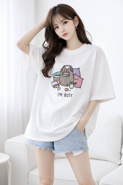 BEFALTU “I’m Busy” Cute Cat Oversized WHITE T-Shirt for Women