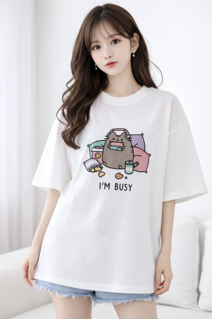 BEFALTU “I’m Busy” Cute Cat Oversized WHITE T-Shirt for Women