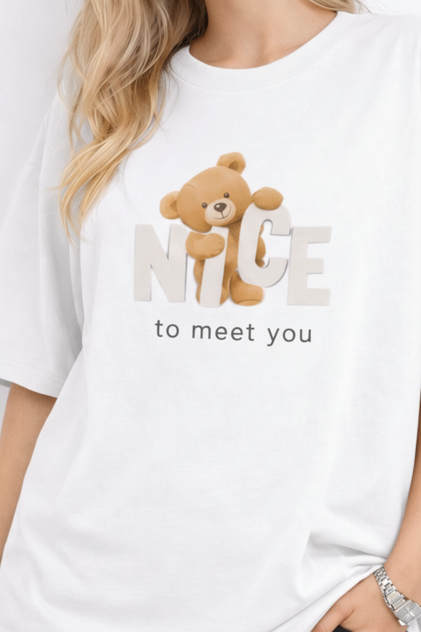 BEFALTU “Nice to Meet You” Teddy Oversized WHITE T-Shirt for Women