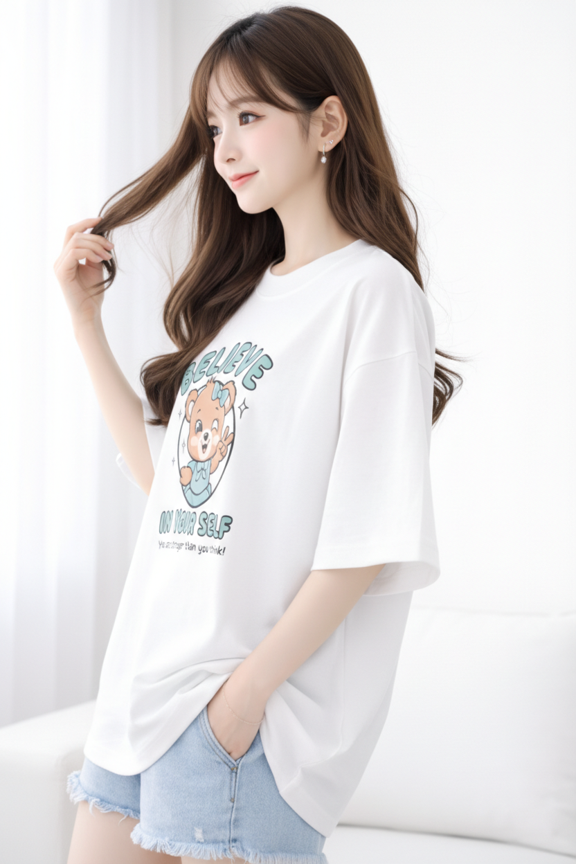 BEFALTU Women Oversized White T-Shirt – “Believe in Yourself” Cute Teddy Graphic Print