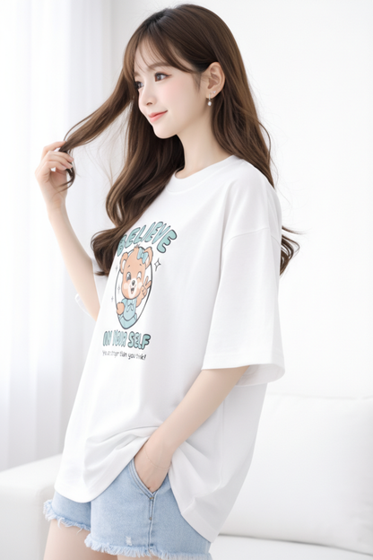BEFALTU Women Oversized White T-Shirt – “Believe in Yourself” Cute Teddy Graphic Print