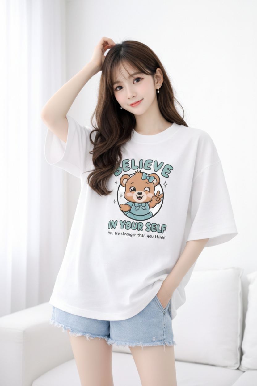 BEFALTU Women Oversized White T-Shirt – “Believe in Yourself” Cute Teddy Graphic Print