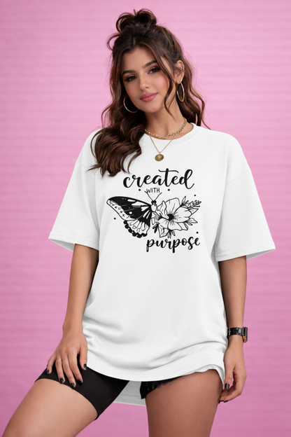 BEFALTU “Created With Purpose” Butterfly Graphic Oversized WHITE T-Shirt for Women