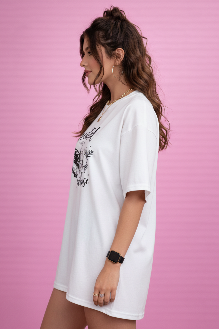 BEFALTU “Created With Purpose” Butterfly Graphic Oversized WHITE T-Shirt for Women