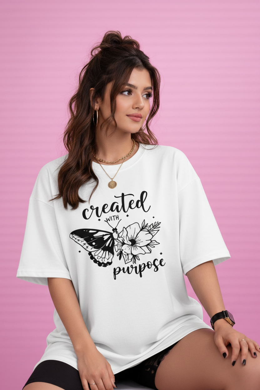 BEFALTU “Created With Purpose” Butterfly Graphic Oversized WHITE T-Shirt for Women