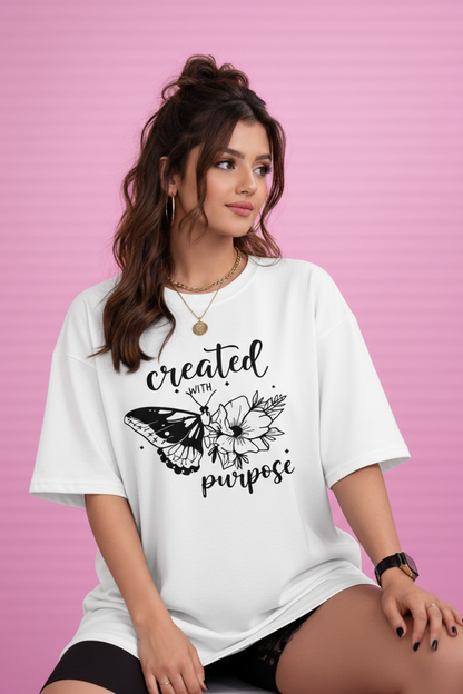 BEFALTU “Created With Purpose” Butterfly Graphic Oversized WHITE T-Shirt for Women