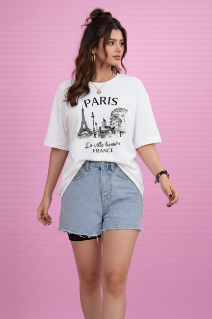 BEFALTU “Paris Cityscape” Oversized WHITE T-Shirt for Women