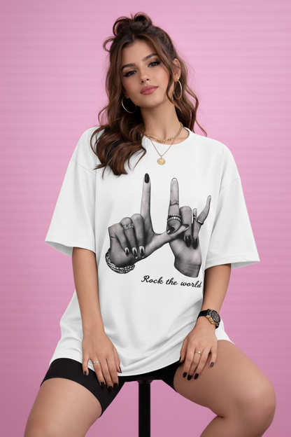 BEFALTU “Rock the World” Oversized white T-Shirt for Women