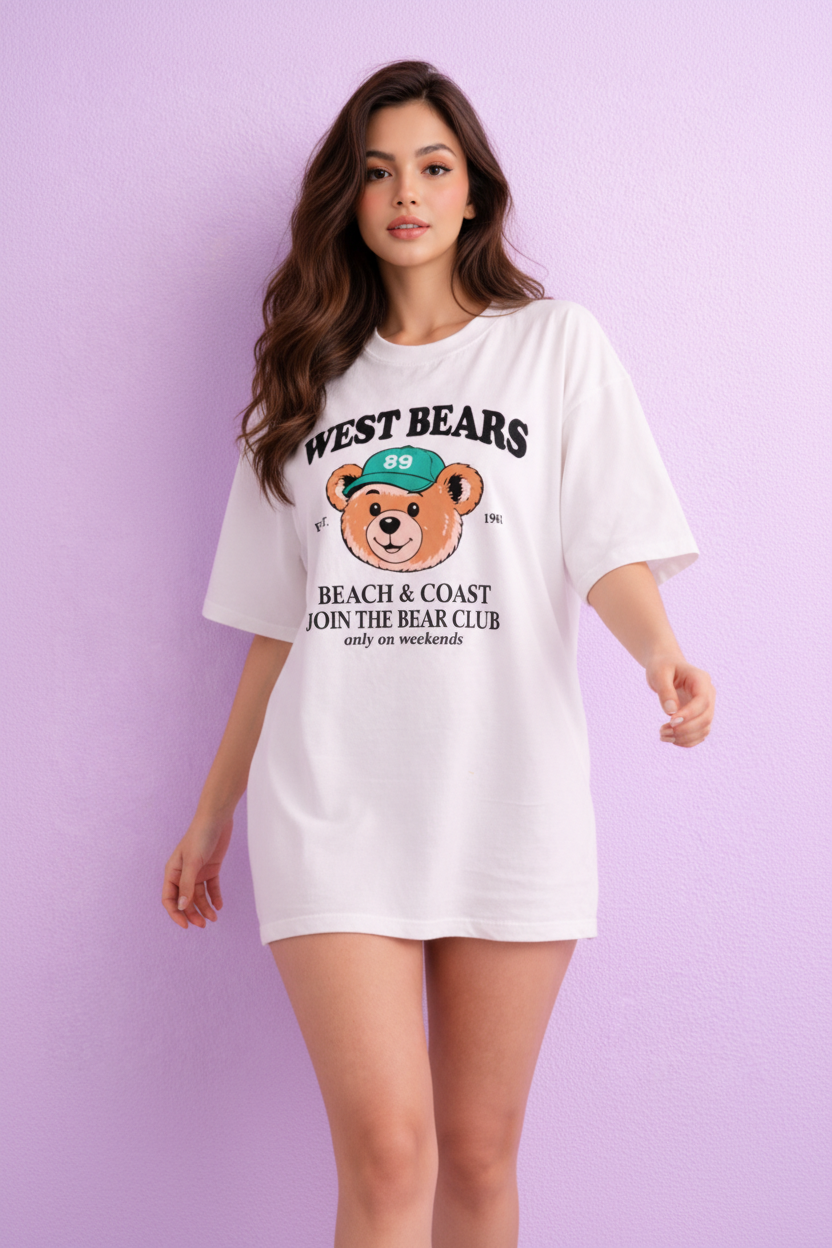BEFALTU “West Bears Club” Oversized WHITE T-Shirt for Women