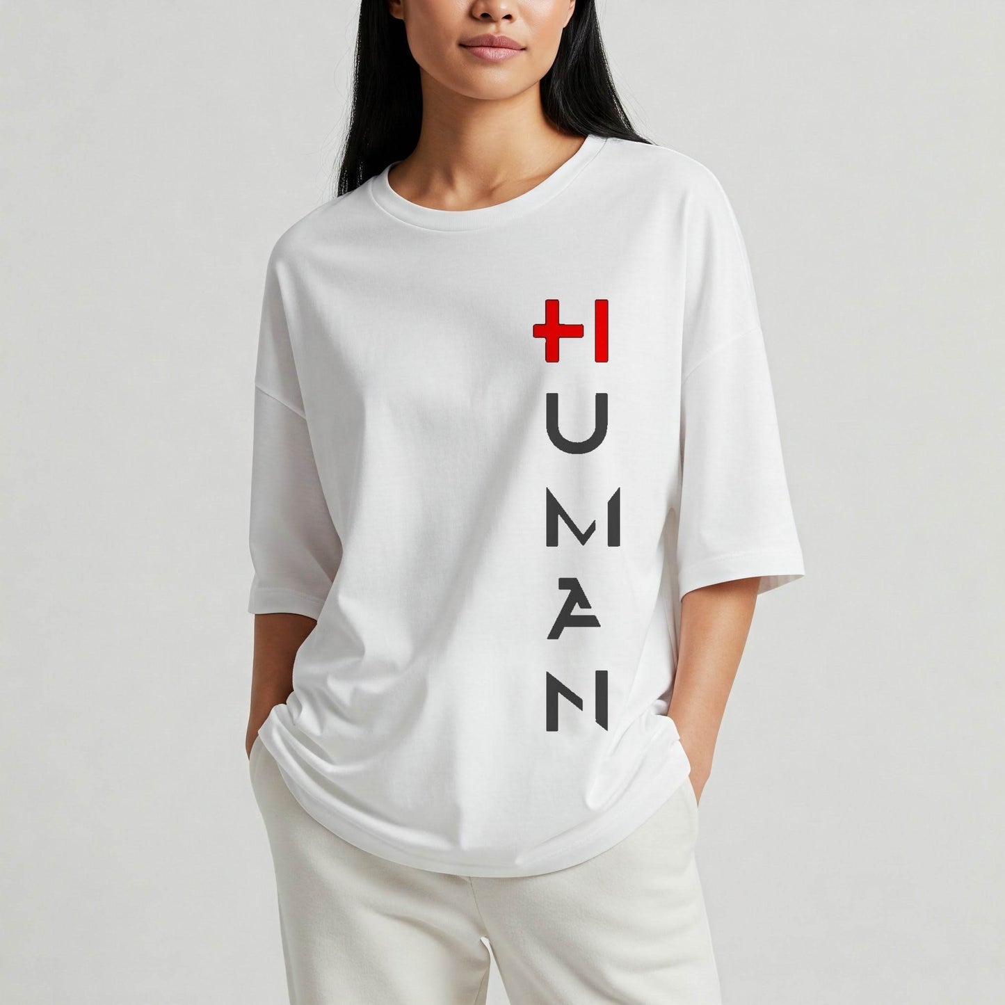 Human Oversize Women's T-shirt | White Graphic Tee - Befaltu