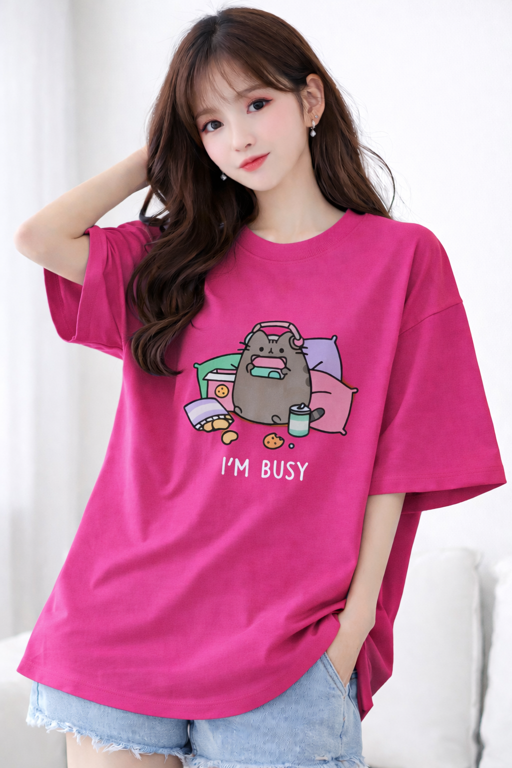 BEFALTU “I’m Busy” Cute Cat Oversized PINK T-Shirt for Women