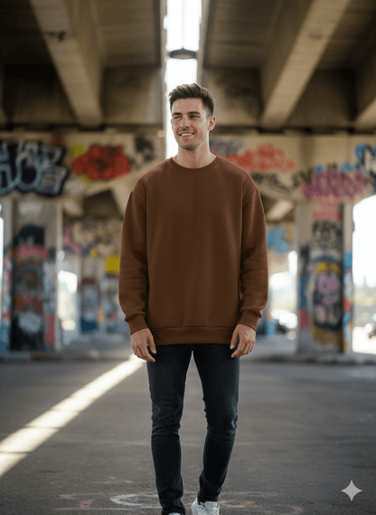 Brown Men's Oversized Fit Crew-Neck Sweatshirt (Plain) - Befaltu (Essential Comfort Sweatshirt) - Befaltu