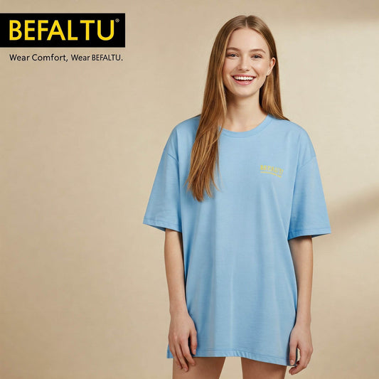 Oversized Sky Blue T-Shirt for Women – BEFALTU® Comfort Fit | Minimal Front Logo Tee - Befaltu