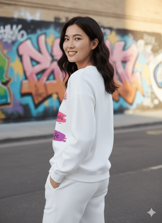 White Crew-Neck Sweatshirt (Colorful Positive Graphic) - Befaltu (Colorful Positivity Sweatshirt) - Befaltu